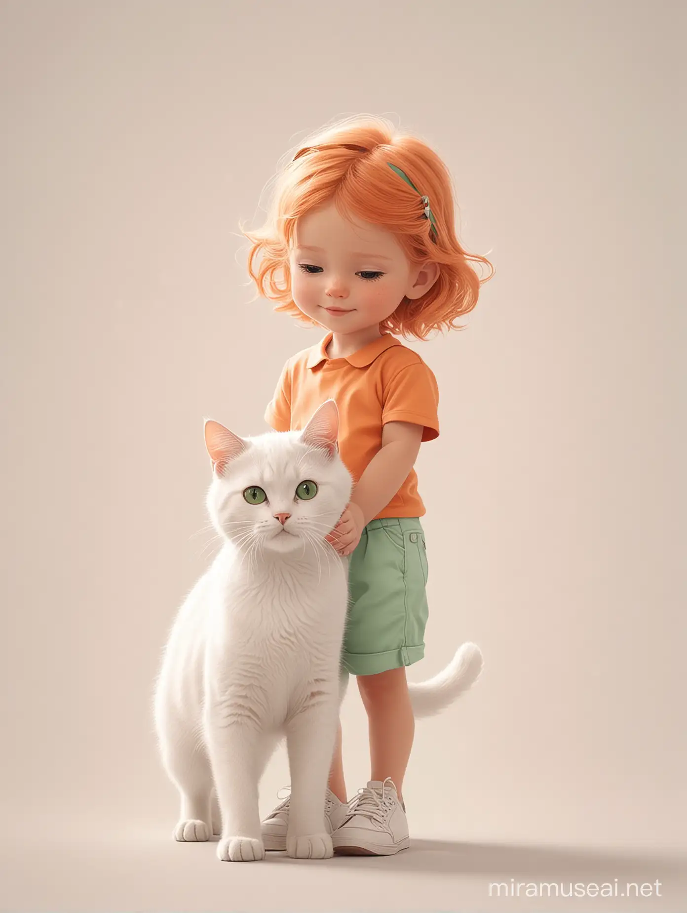 Маленький ребёнок с кошкой. Мультипликационный стиль Disney. Пастельные оттенки. Белый однотонный фон. Оранжевый, белый, зелёный.