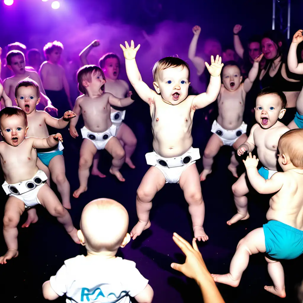10 babies in nappies dancing at a rave with massive speakers