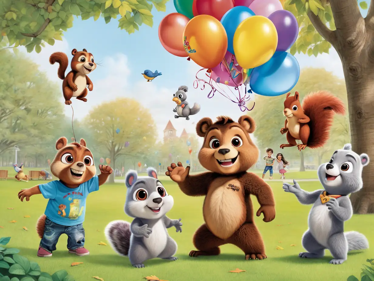 Coco vio a sus amigos, el oso Benito, la ardilla Lila y el pájaro Pablo, jugando en el parque. Con una sonrisa en su carita, Coco les mostró los globos y propuso organizar una gran fiesta.