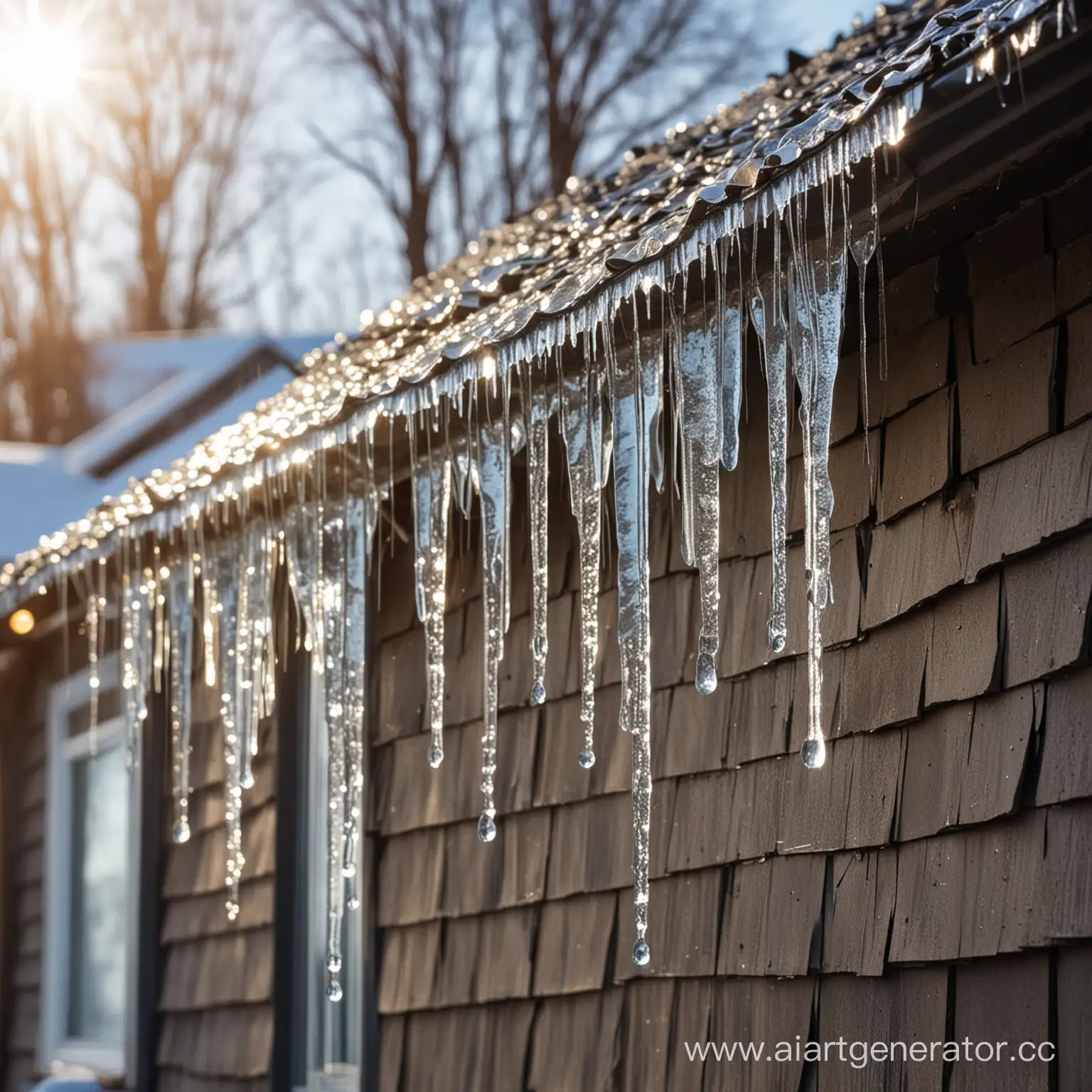 Melting-Metal-Shingles-Spring-Sunlight-on-Building-Roof-with-Icicles