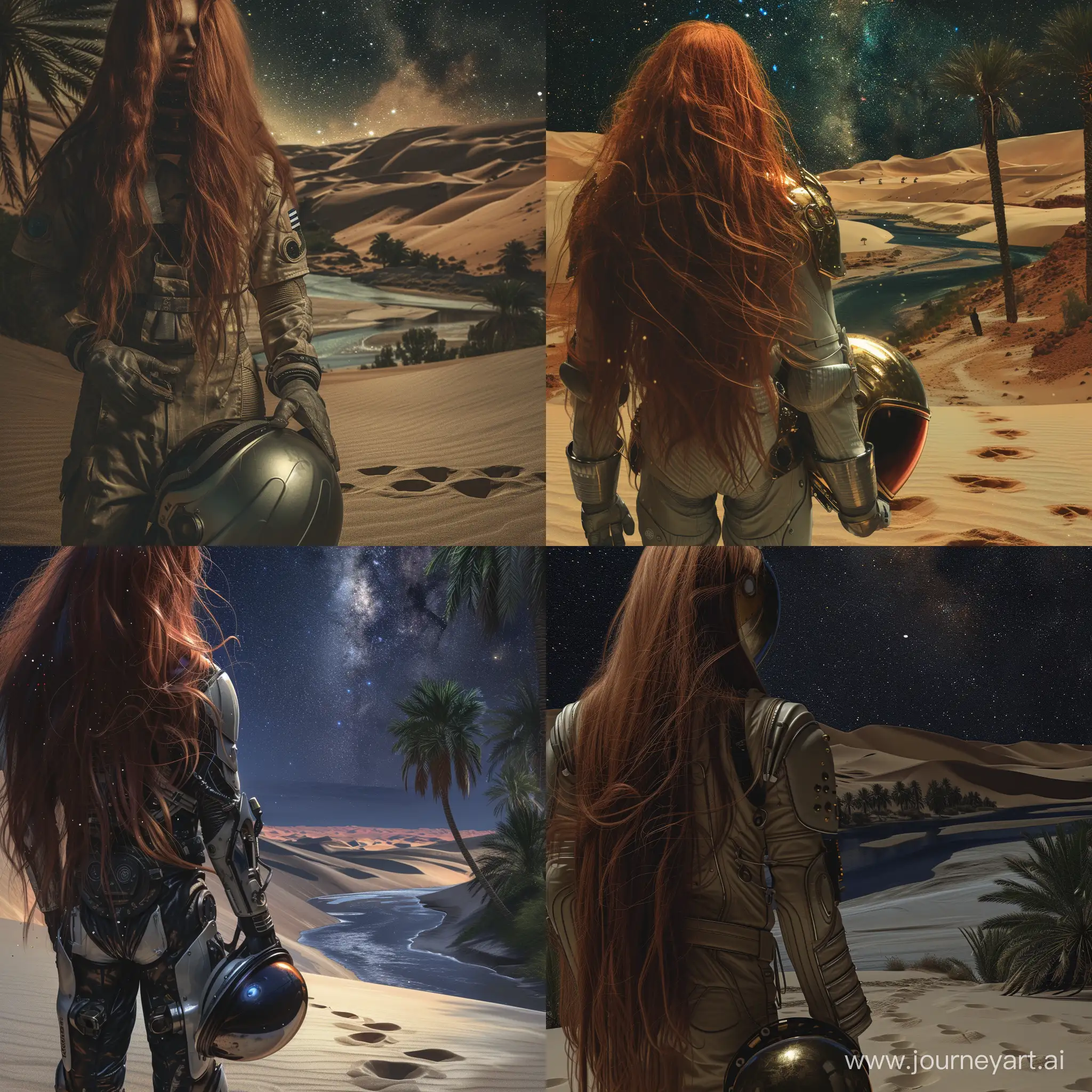 a 30-old-year man in lightweight space protective space armor  with long red hair in the foreground, He holds the helmet in his hand, starry night, , large dunes, sand, river and palms in background, beautiful, sharpness, romantic, starlight, footprints in the sand, , fantastic, photography, close-up, hyper detailed, trending on artstation, sharp focus, studio photo, intricate details, highly detailed, 