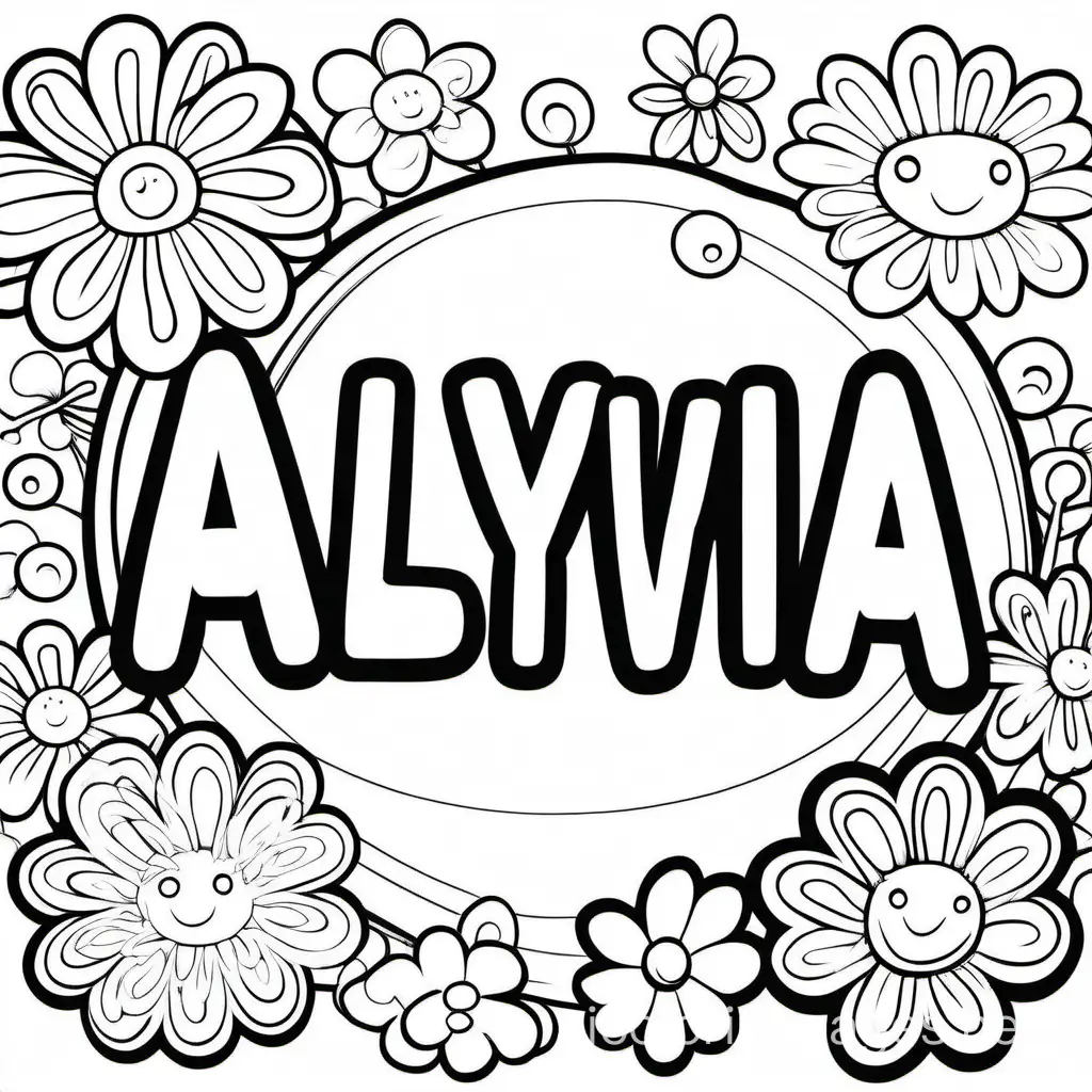 the name Alyvia in bubble letters with flowers surrounding it, Coloring Page, black and white, line art, white background, Simplicity, Ample White Space. The background of the coloring page is plain white to make it easy for young children to color within the lines. The outlines of all the subjects are easy to distinguish, making it simple for kids to color without too much difficulty