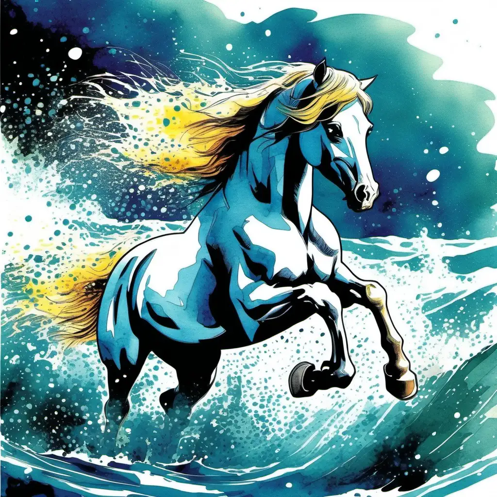 White Horse Galloping in Vivid Sea Splash Cinematic Comic Book Illustration