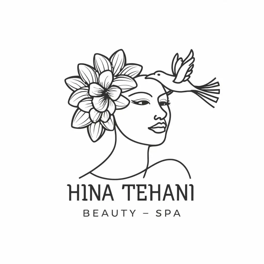 logo, logo, The face of a woman seen from the front, frangipani flowers in her hair.
A bird spreading its wings last the head,
In a monoline style., with the text "Hina Tehani", typography, be used in Beauty Spa industry