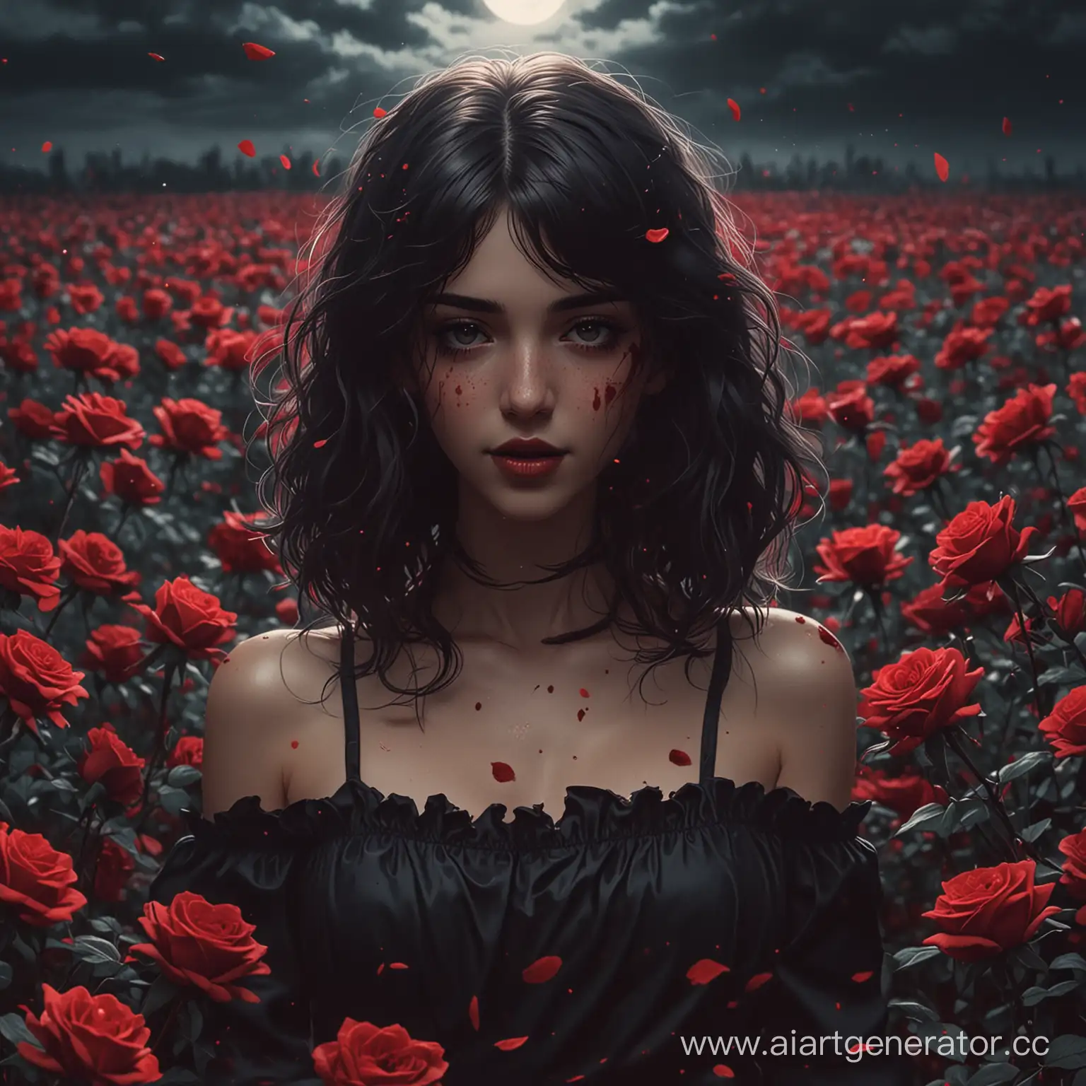wave retro, cover of music style, Anime girl, Around the field of red roses and blood, dark aestetics, detail shadows and light