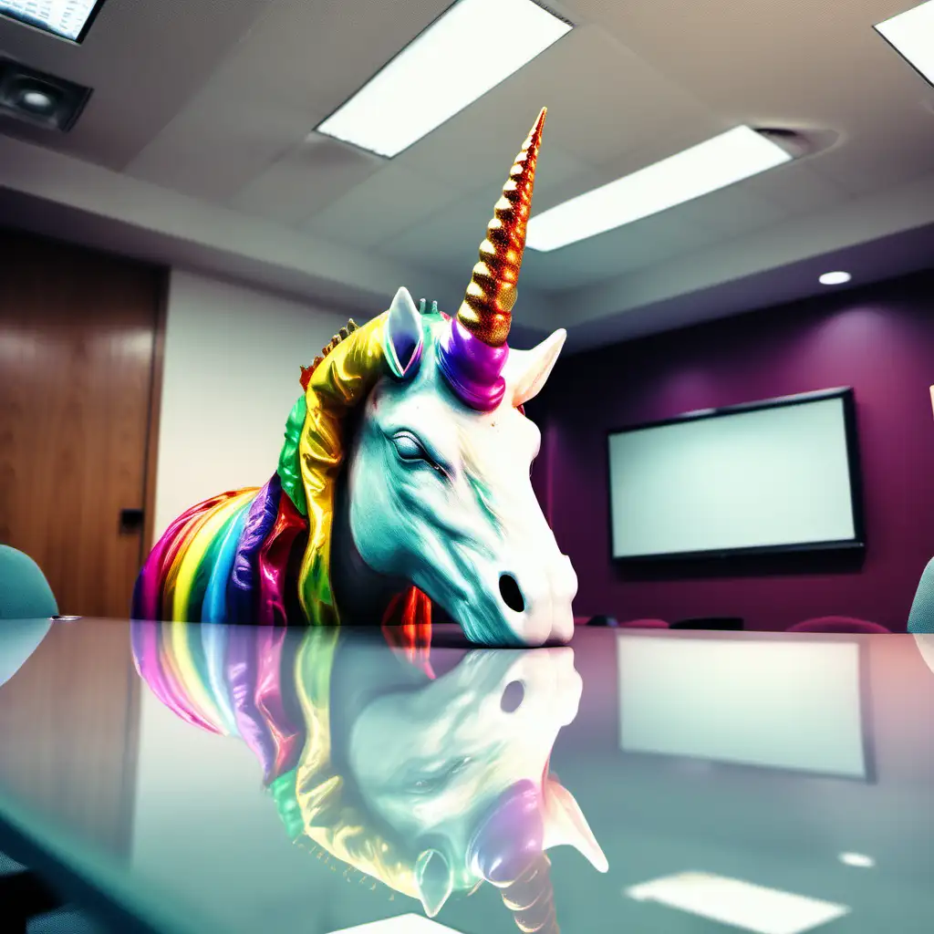 Unique Office Decor Colorful Horned Unicorn in Business Meeting Room