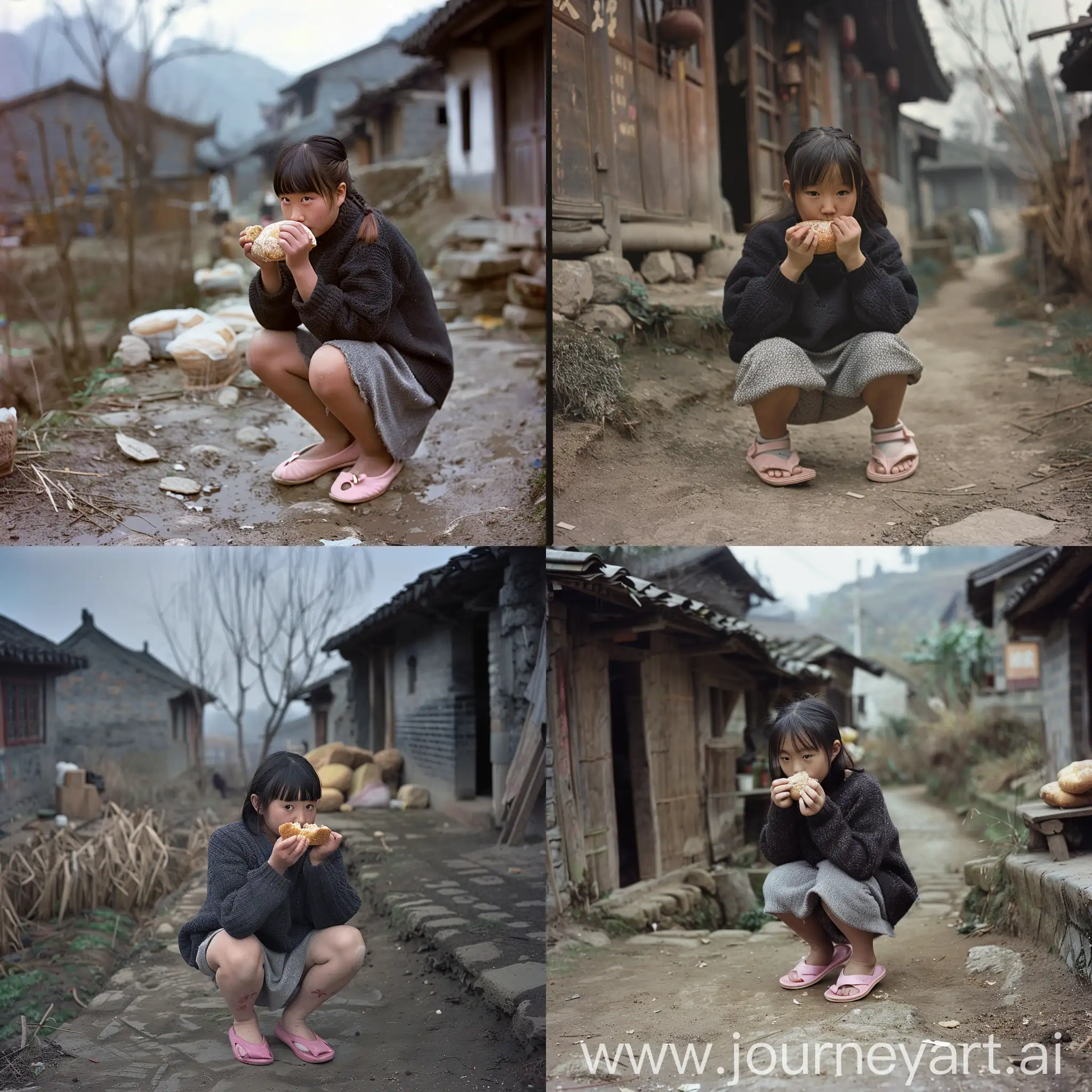 In a village of china,  a girl squat and eating bread. Wearing dark sweater, grey short skirt and pink slippers.