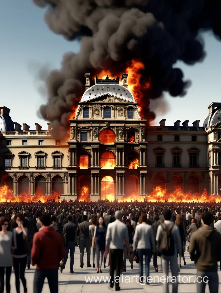 Louvre is burning, crowd of people, fire trucks, 2k quality, photorealistic graphics.
