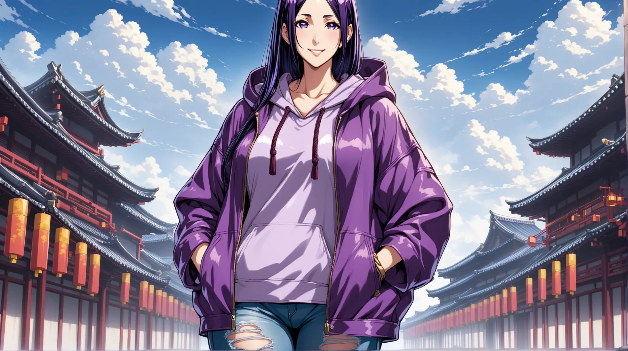 Draw the character Minamoto no Raikou standing alone outside on a cloudy day while she is wearing ripped jeans and a hooded jacket and smiling at the viewer
