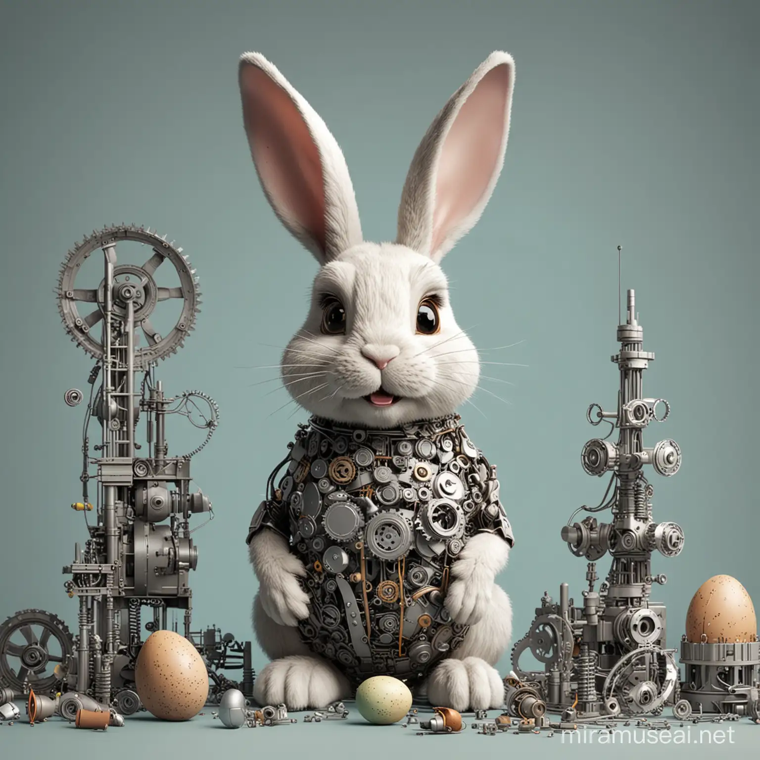 easter bunny made of engineering parts, happy playful mood, ultra-realistic, easter mood,