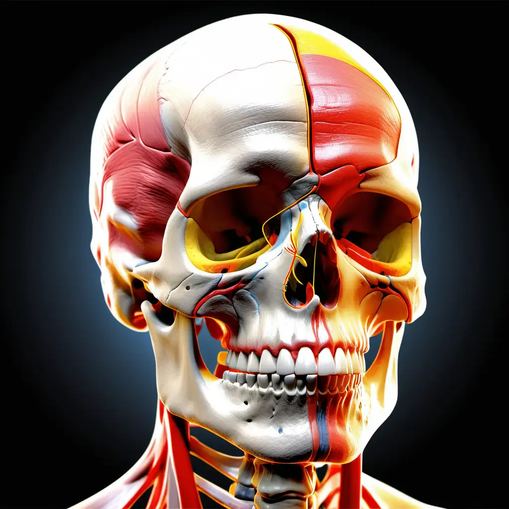 image depicting a person with the overlying anatomy of the glabellar region. The anatomy is highlighted with a semi-transparent overlay for educational purposes. More colors red yellow orange, picture of the face skull