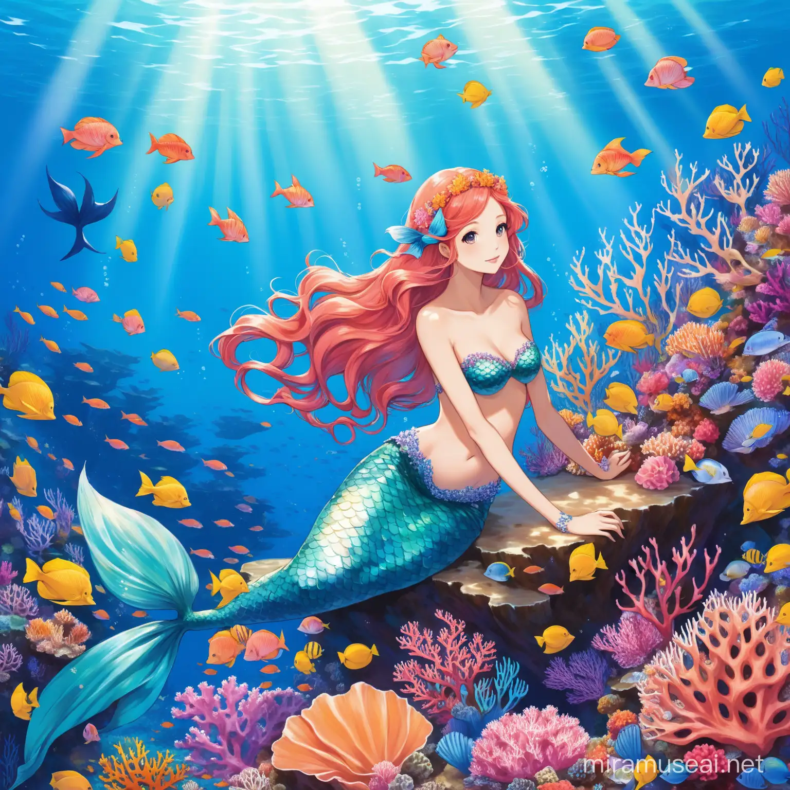 Vibrant Mermaid Gliding Through a Lush Coral Reef