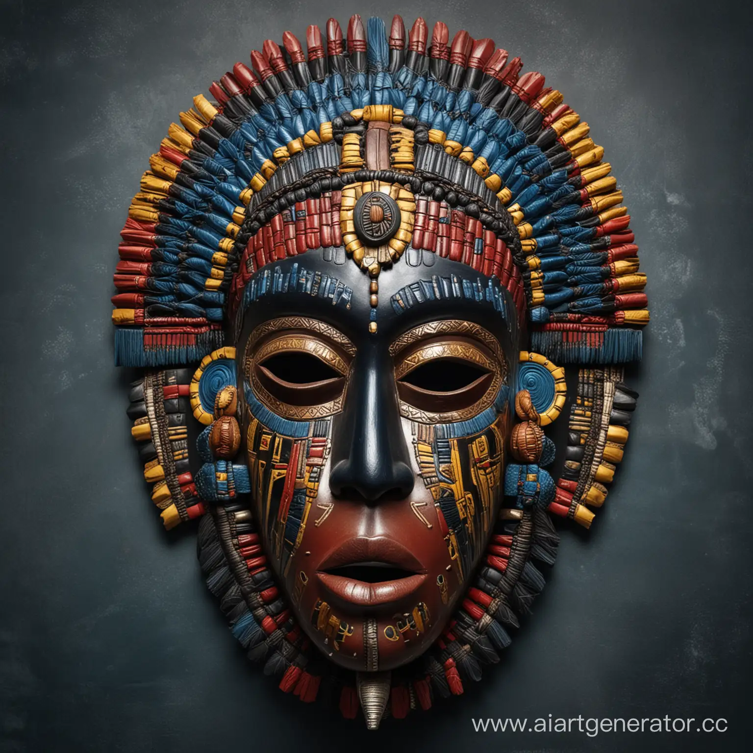 интерьерная декоративная маска африканских племён ,этническая, сложно выполненная, со множеством деталей и фактур,  в синем , черном, красном, желтом цвете.