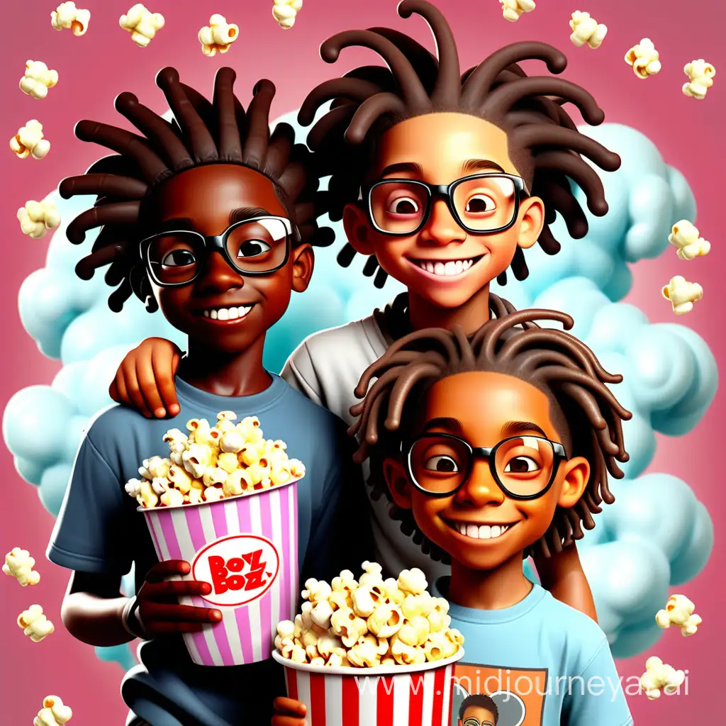 create a logo for kids with three African American boys include first boy with 4c hair with fade and glasses, second boy light skin with dimples and shoulder length twist hair, and third boy brown skin with shoulder length dread locs, holding popcorn, cotton candy, slushies, candies falling from air, on top of logo " Candy Stash Broz"