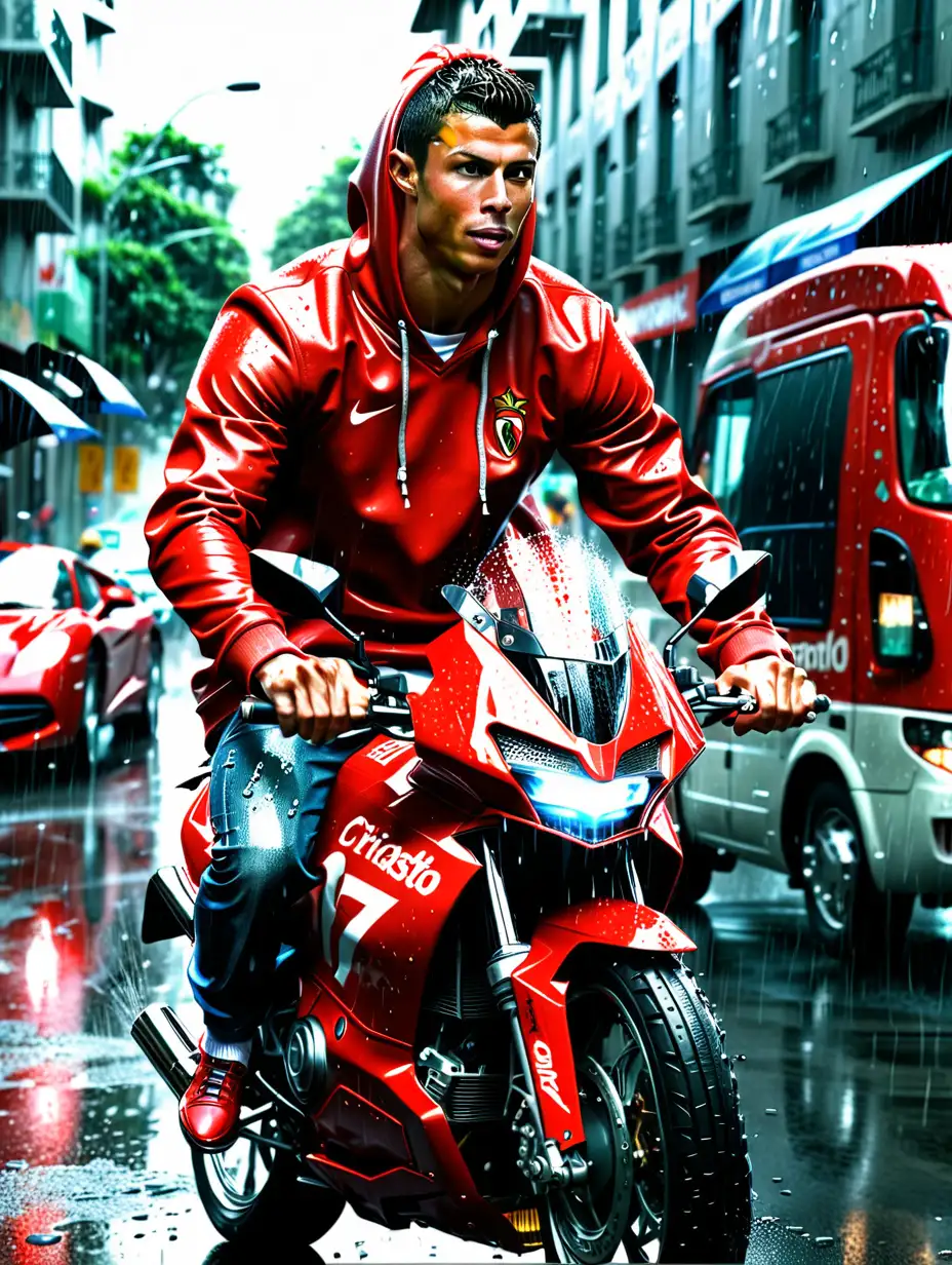 Cristiano Ronaldo Riding a Stylish Red Motorbike in the Rain