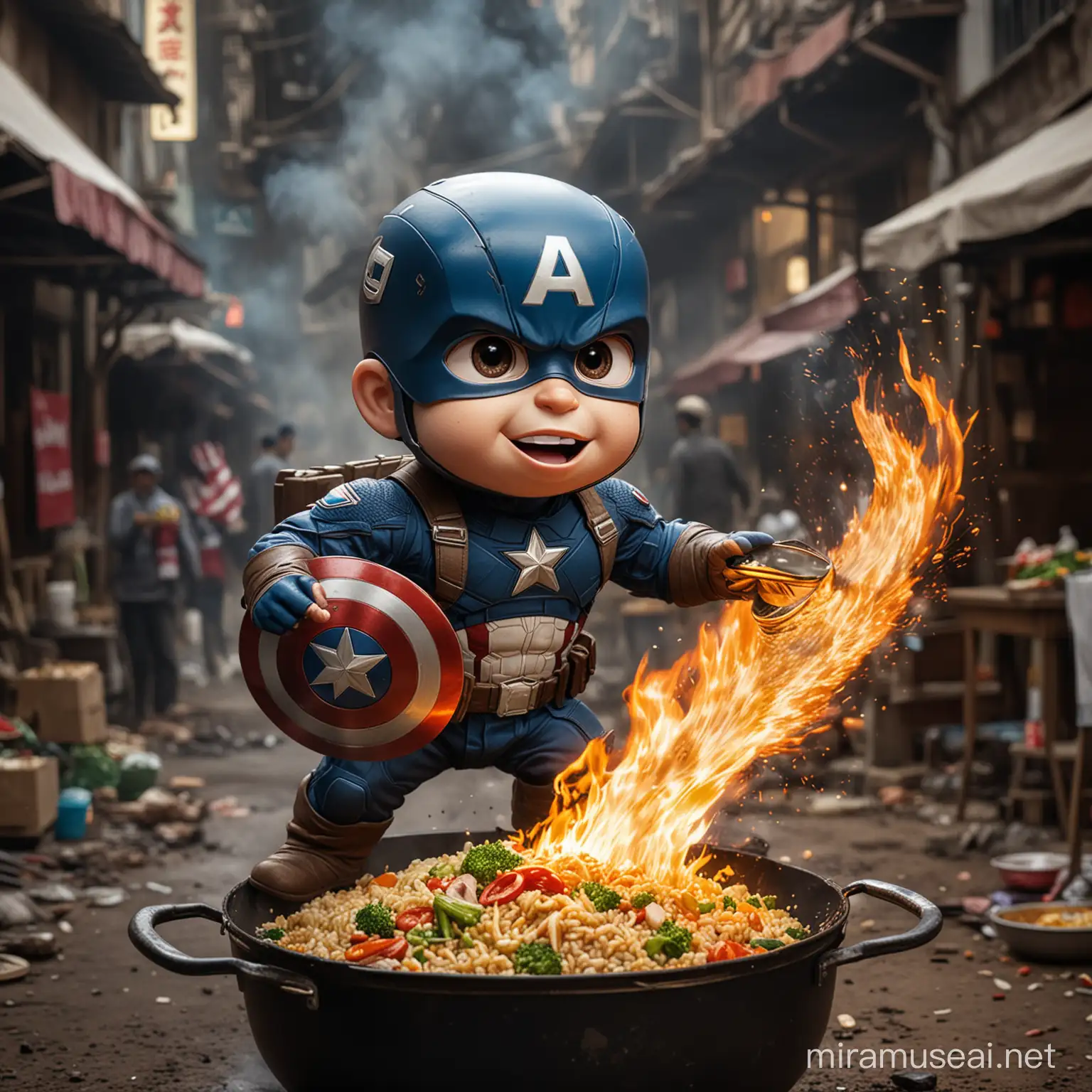 Provide an image of Captain America baby form caricature memes cooking fried rice using captain america's shield as a substitute for a wok. The fried rice is depicted flying off the Captain America's shield as a substitute for a wok, with flames blazing underneath it. Captain America is shown cooking at an interesting perspective angle, with his cart and the Jakarta market in the background. He is smiling and laughing while cooking. Ensure a dramatic effect against a high-contrast black background for printing in DTF (Direct-to-Film) Printing or water-based color printing. The image and background should be centered and uncropped.