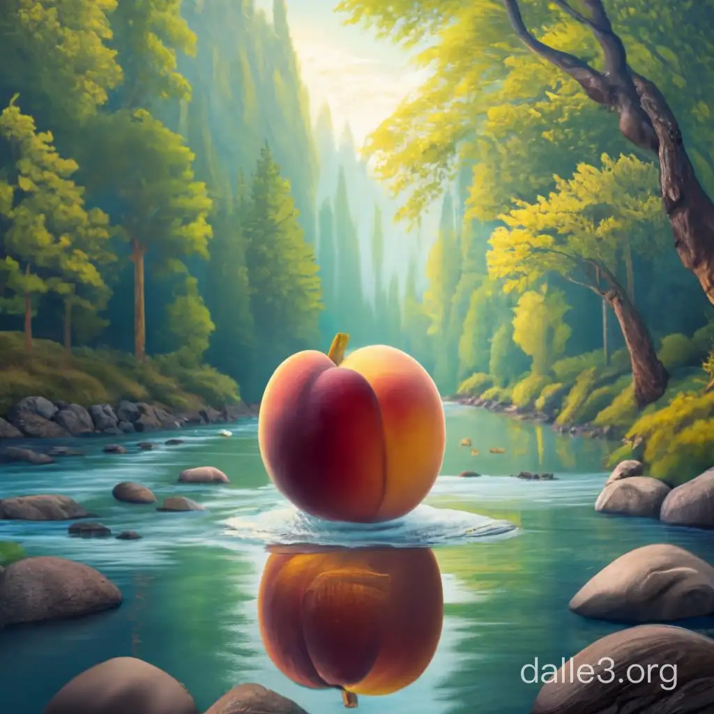 Create a hyper realistic picture of a giant peach floating down the river.