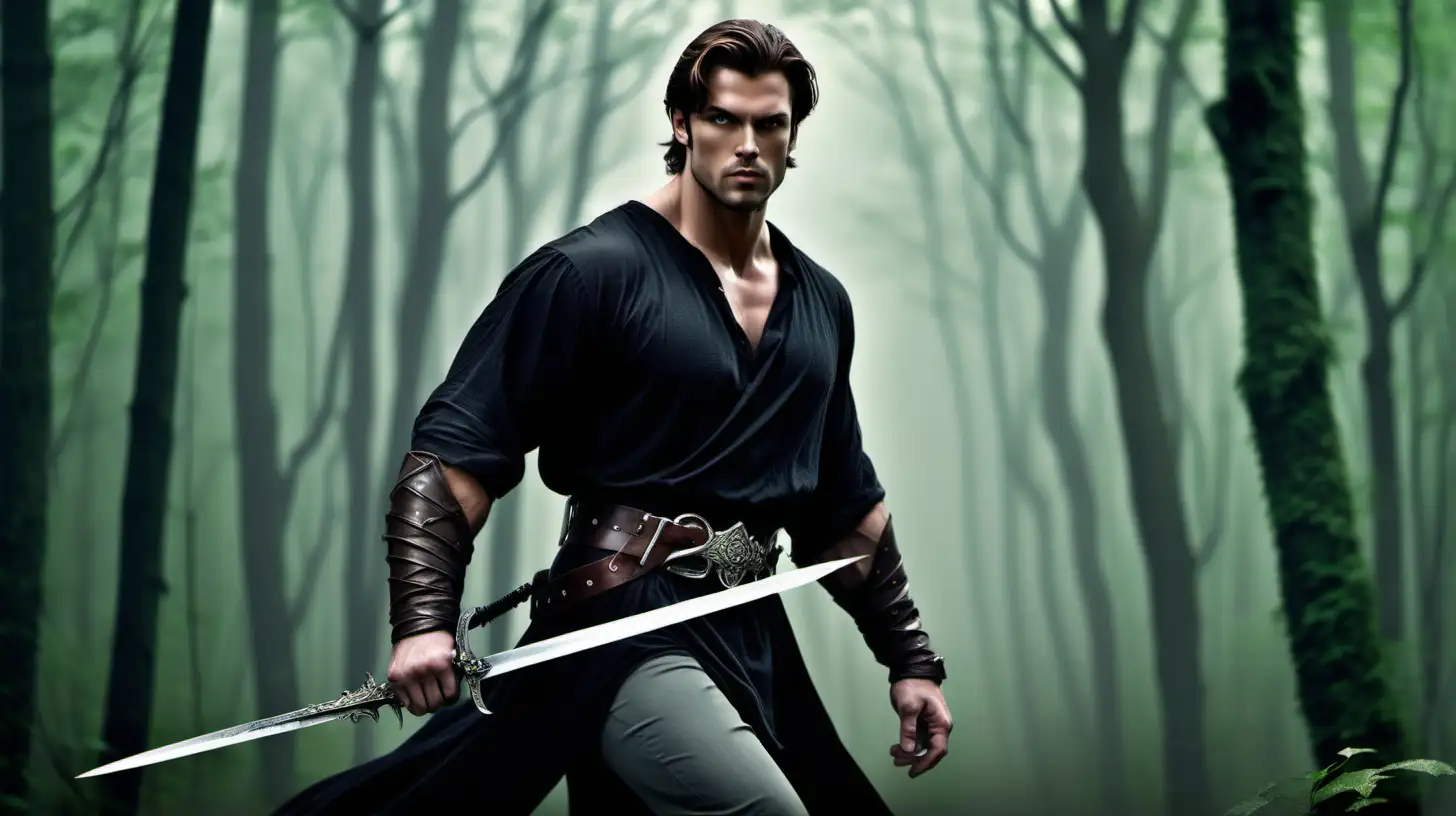 a handsome muscled man is dressed in black slacks and a loose grey tunic. he has a brown leather weapons belt around his waist. he has brown hair and silver eyes. he is standing in a misty green forest surrounded by darkness. he is brandishing a large sword. his back is facing us and he is looking over his shoulder