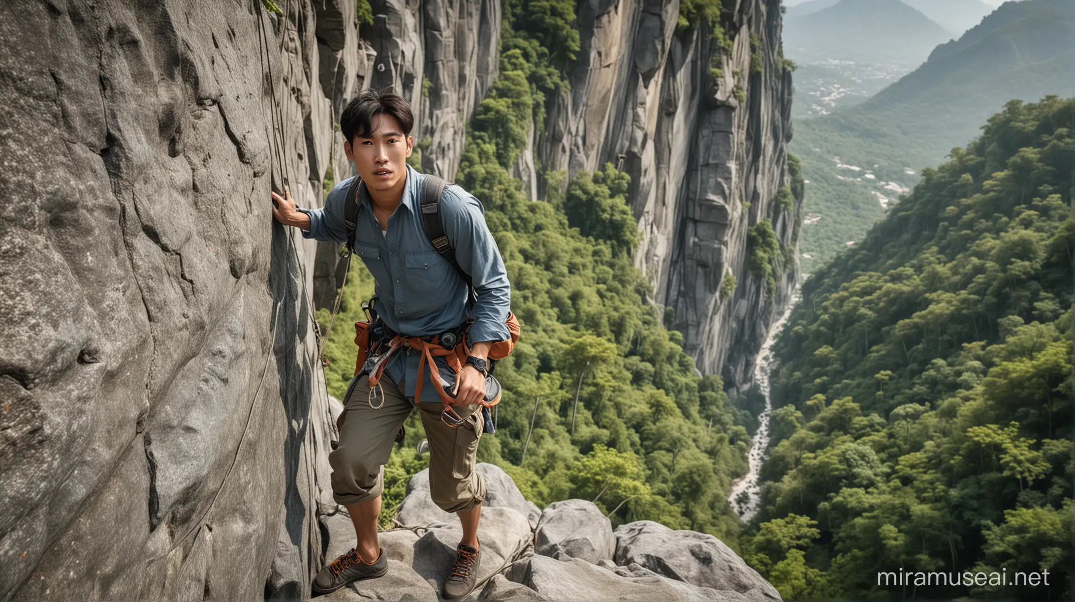Adventurous Korean Man Rock Climbing Near Mount Merapi