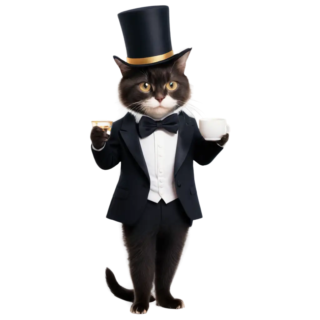 A cat wearing a tuxedo and a a top hat drinking tea