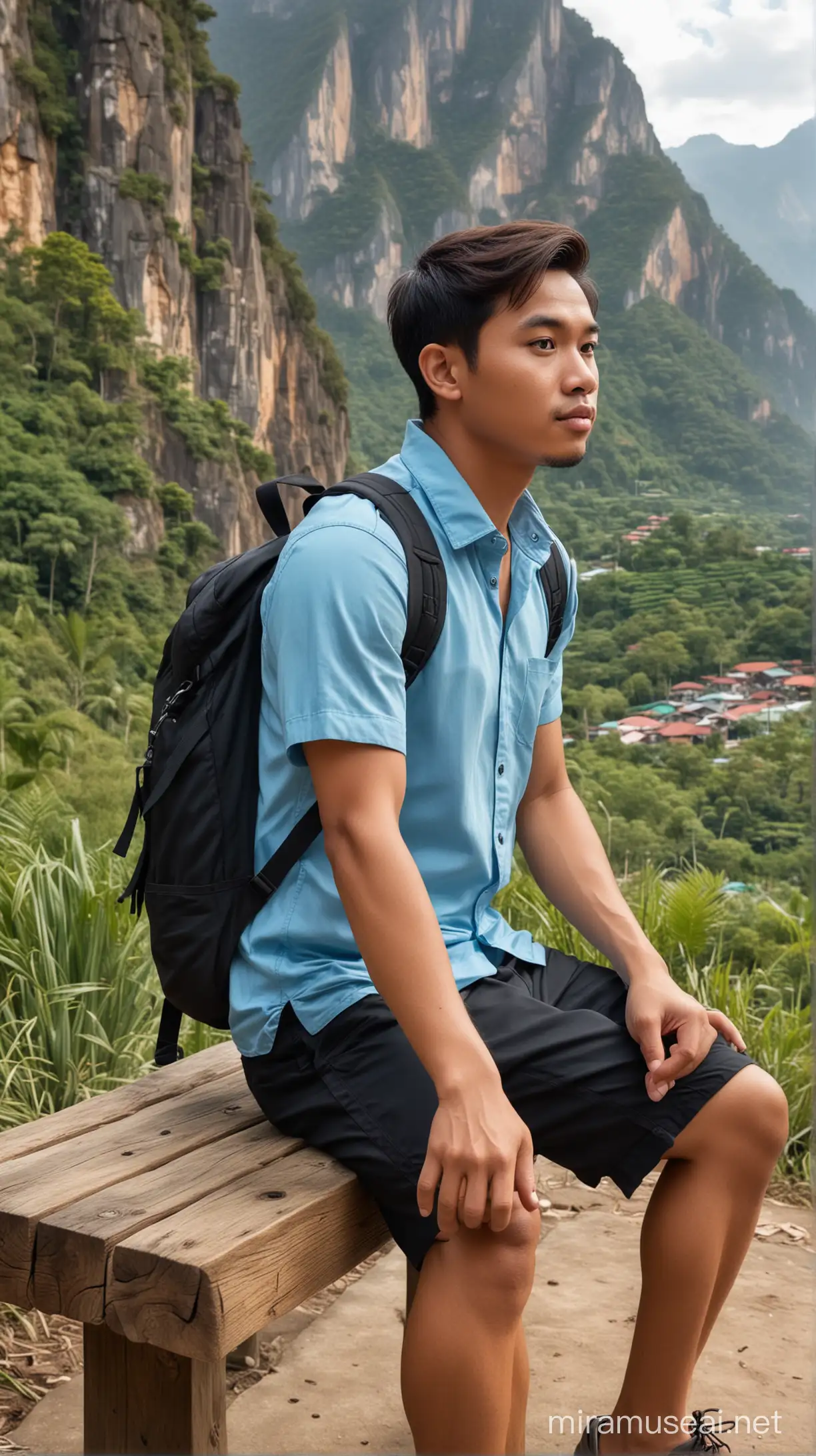 Chubby Indonesian Man Relaxing on Wooden Bench with Mountain Cliff Background