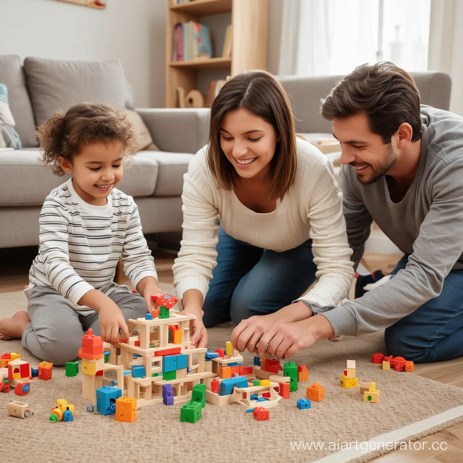 ребенок 5-6 лет играет в развивающие игрушки с мамой и папой