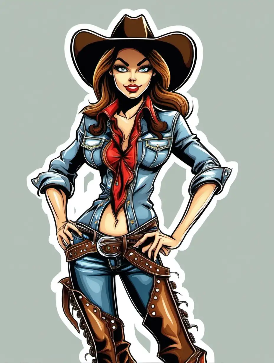 Sexy Cowgirl standing, white background, cartoon
