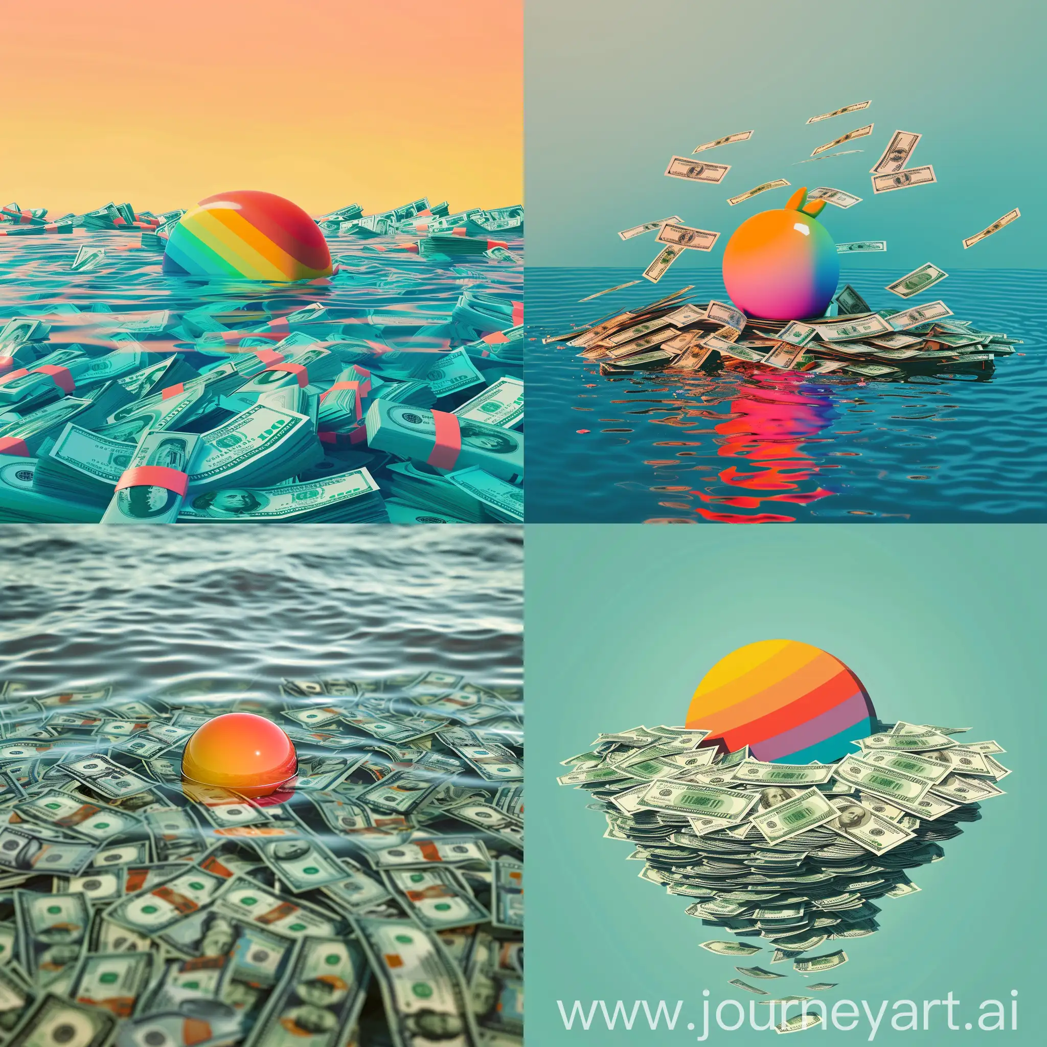 a gradient symbol swimming in a pool of money, photorealistic
