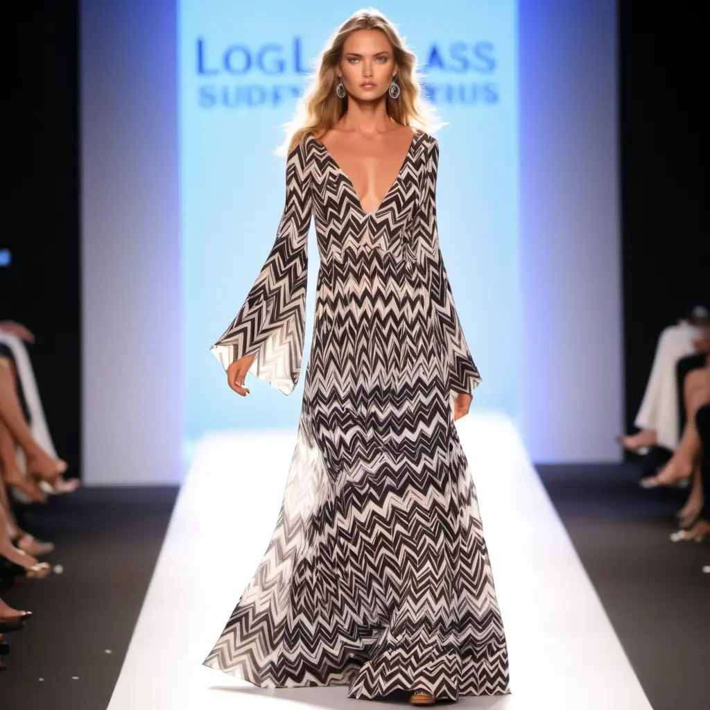 Stunning supermodel, runway ,wearing long flowing zig  zag pattern backless dress with with bell sleeves , and round neck 