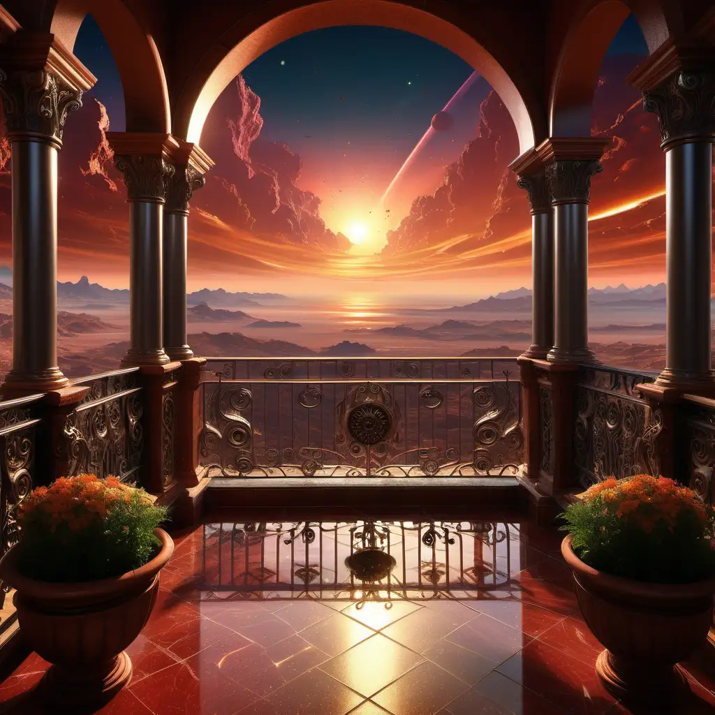 a Spanish-style balcony. The balcony features intricate marble pillars and an ornate wrought-iron gate, adding a touch of classic elegance. Behind him, the scene unfolds onto a breathtaking view of a multicolored sunset that illuminates an alien planet's sky. In the background, a giant, vividly detailed planet dominates the horizon, beautifully contrasting with the exotic alien landscape. The overall atmosphere is serene and otherworldly, capturing a moment of tranquil beauty in a futuristic setting.
