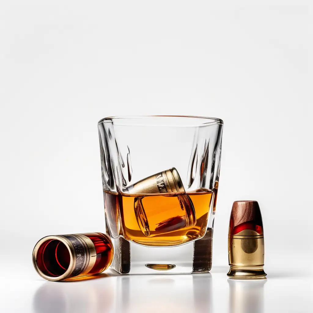 whisky glass and two shotgun shells on a white background

