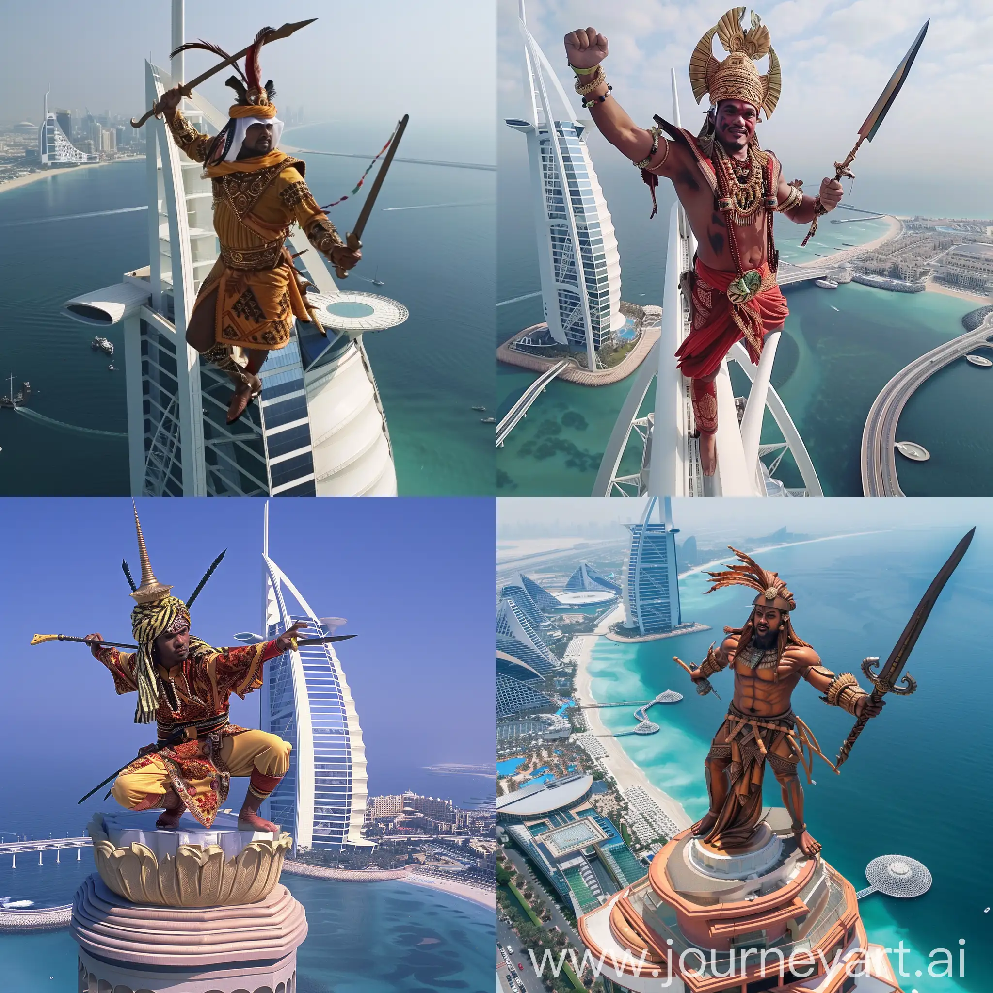 Malay warrior with a Tanjak and Keris on top of the Burj Al Arab