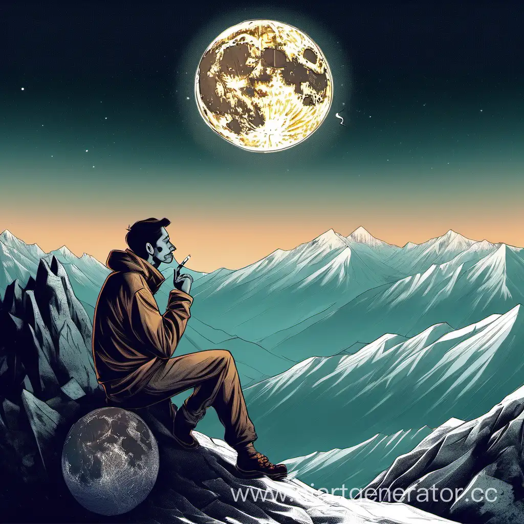 парень на горе курит на фоне луны 