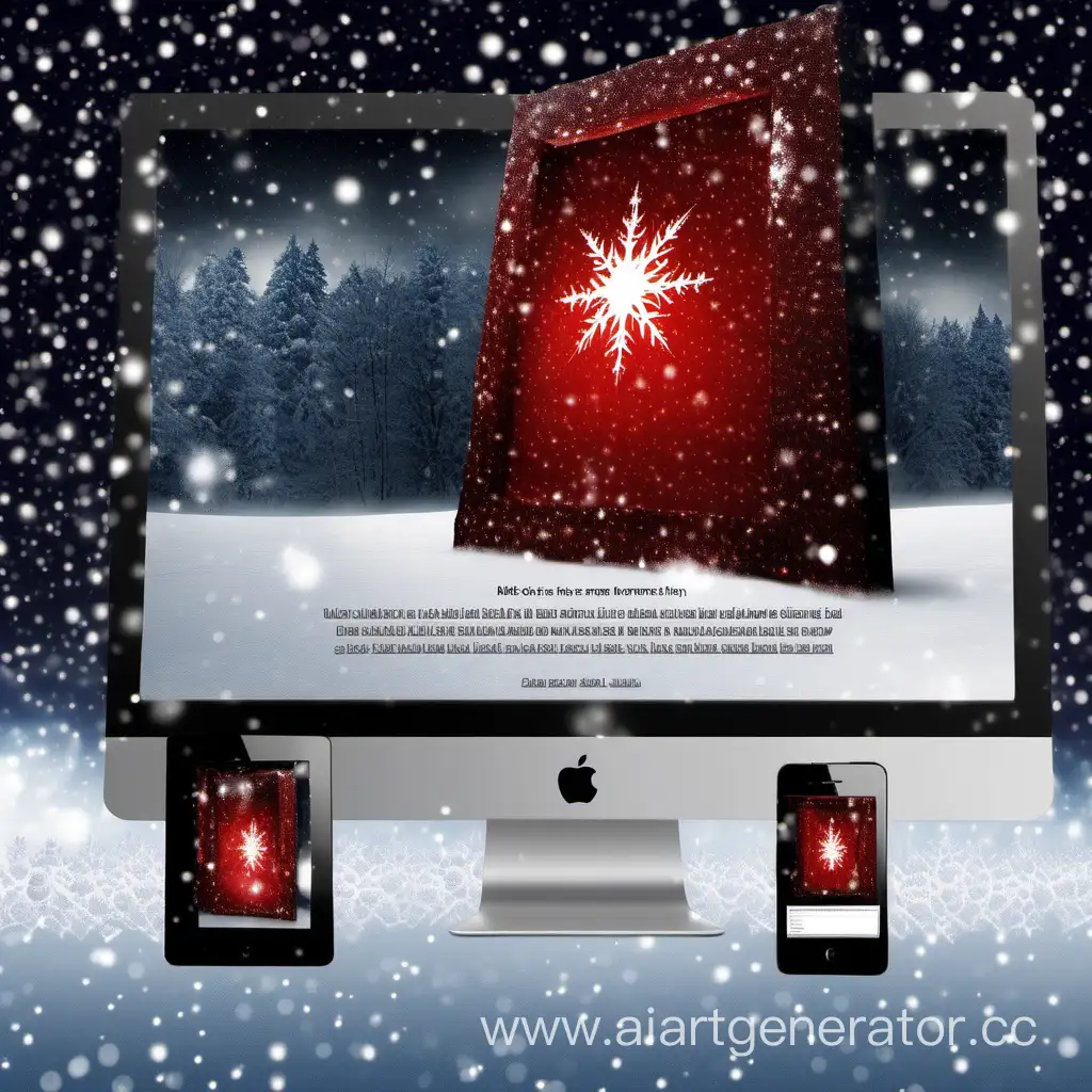 Let there be an ad for the site and a computer where I can add images to the screen. Make it dark and epic. Add red sparkles and snow