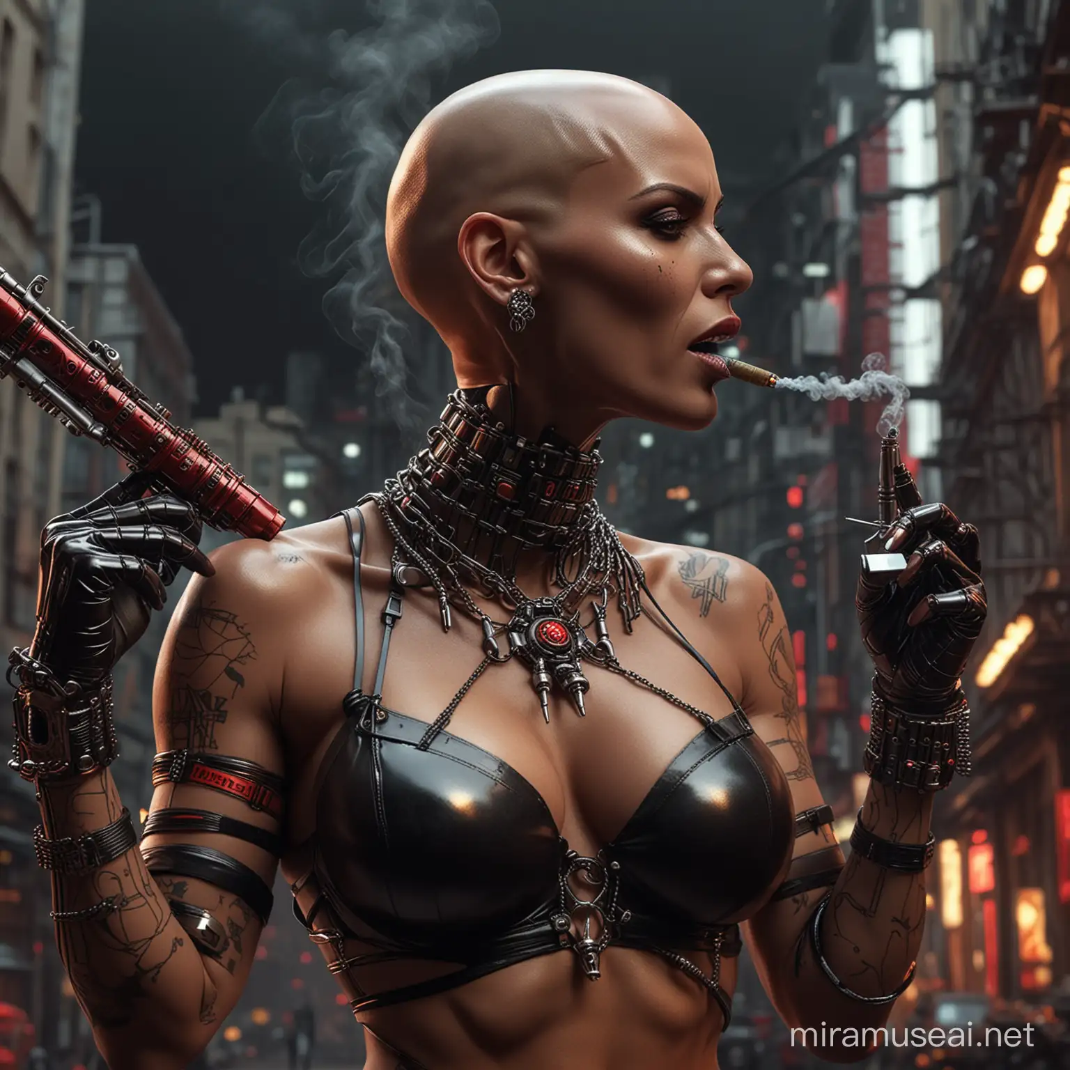 
A bald woman beauty smoking cigar glossy muscular body,connected to a mechanical wire on the body,red and black skin,with skull and ammunition necklace, bring a complex weapon on the back,dynamic pose and expression,sophisticated, ultrarealistic,background dark
neon Lit city