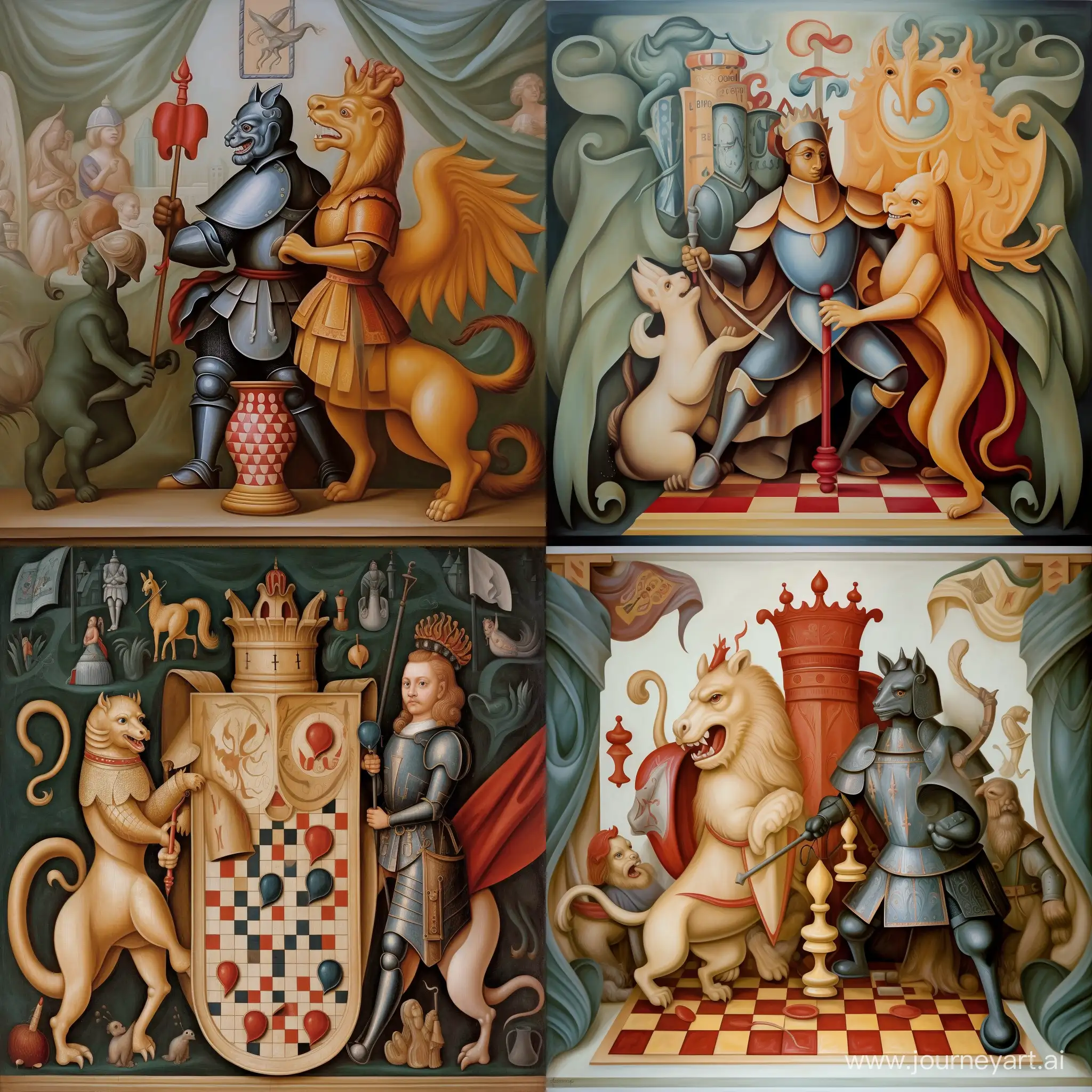 depict the clash between innovation and traditionalism in a symbolic painting from the reneissance. The innovation is represented by a knight, on its shoulder sits an owl, on its shield a lion is depicted. The traditionalism is represented by a dragon, it is pale and old and it is sitting on a pile of money. In the backtround there is a child playing with toys, a camel. Behind the knight there are young people, full of hope and energy. Behind the dragon there are old academics, dressed in black. In the sky there is a snake biting its own tail.