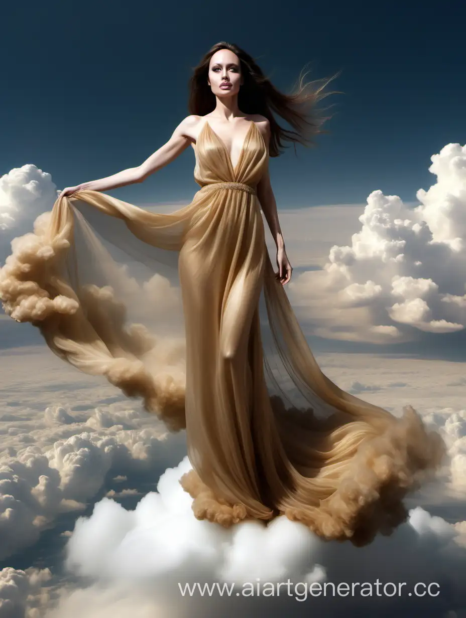 красивая девушка, 25 лет, с длинными волосами, похожа на Анжелину Джоли. Она стоит  на облаке (вместо земли - облако), одета в длинное полупрозрачное золотое платье