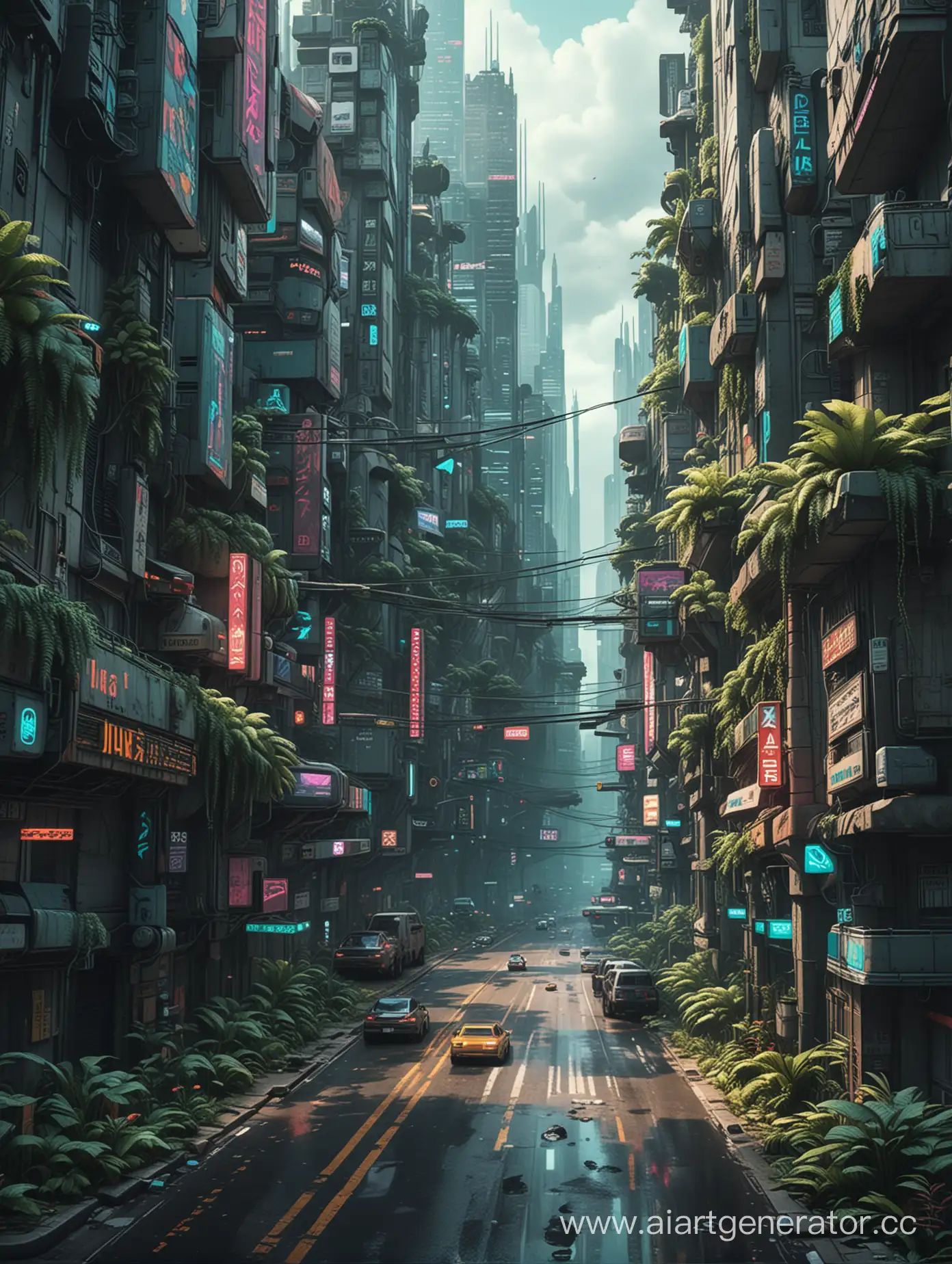 A big city in the Cyberpunk style, with multi-height buildings and signs in an unknown language. There is quite a lot of vegetation in the city, located on the sides of the roads. The roads are wide, and a large number of cars move along them.