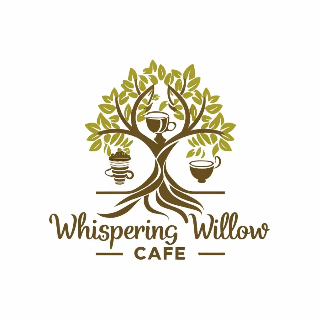 a logo design,with the text "Whispering Willow Cafe", main symbol:Create a logo that captures the serene ambiance of a cafe retreat, blending the aroma of freshly brewed coffee, the allure of refreshing beverages, and the temptation of delectable cakes and pastries. The logo should evoke a sense of relaxation and comfort while enticing customers with the promise of delightful indulgence.,complex,be used in Restaurant industry,clear background