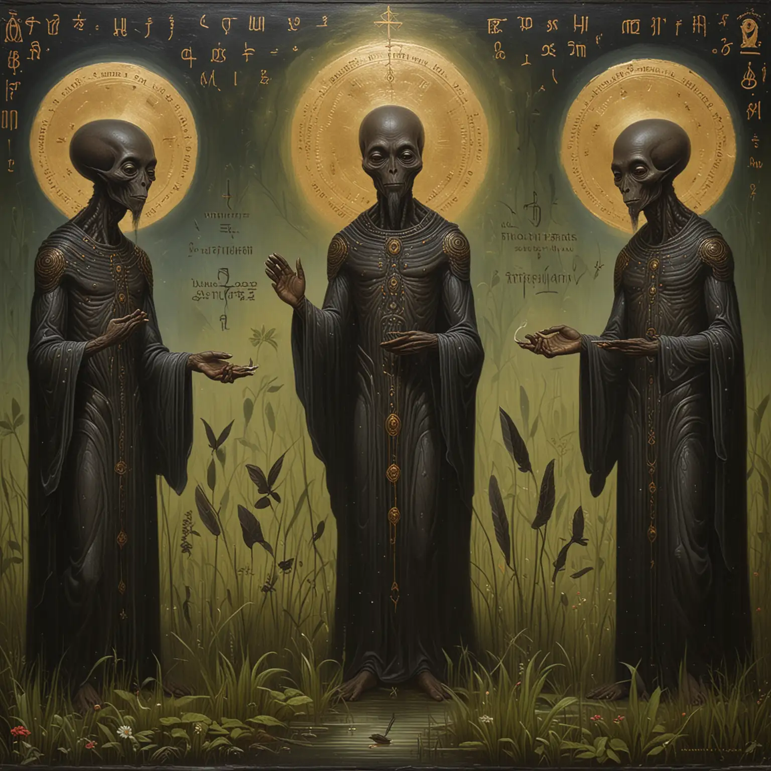 Swamp Mysticism, slavonic style Ortxodoxy Icon::3 old icon master tempera painting of black skin Aliens as holy writers::0.22 and holy inscriptions and shrine::3