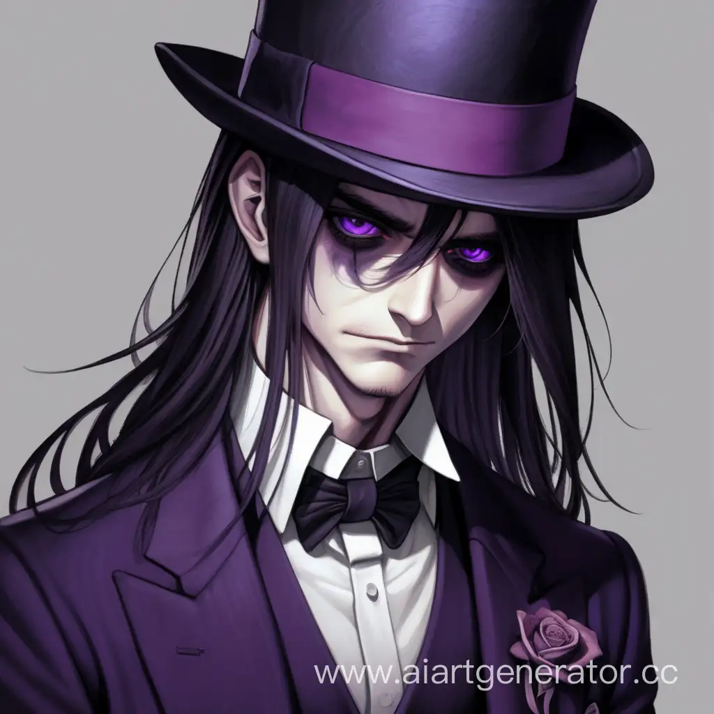 Депрессивный парень с темно фиолетовыми глазами с опустошенным взглядом и длинными волосами, одетый в костюм и с шляпой целиндром на голове