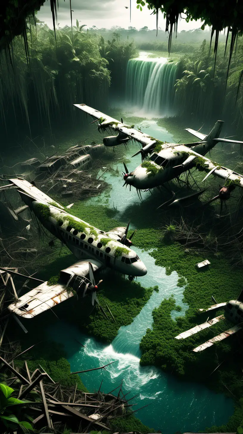 Post Apocalypse Jungle Crashed Plane Amidst Swamp and River Falls
