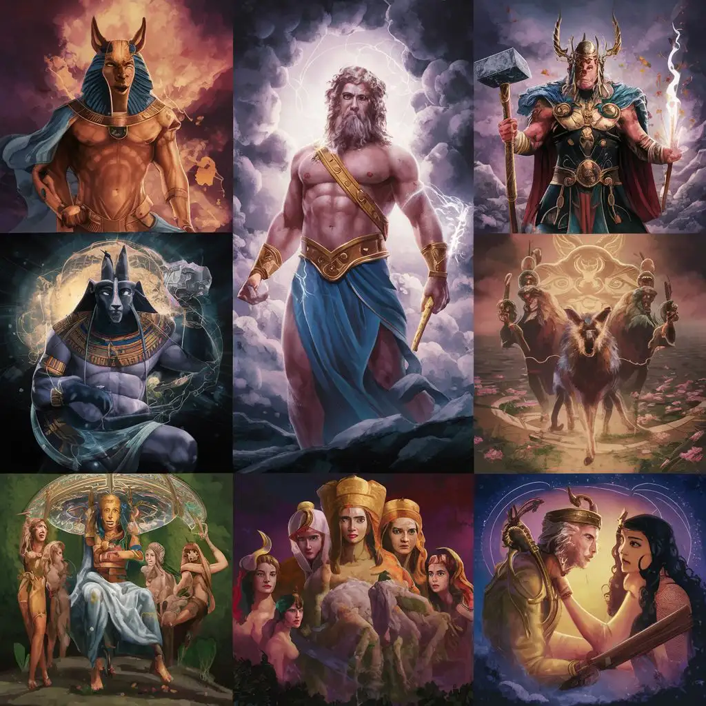 Dramatic illustrations of gods, goddesses, and mythological tales from Greek, Norse, Egyptian, and other ancient cultures.