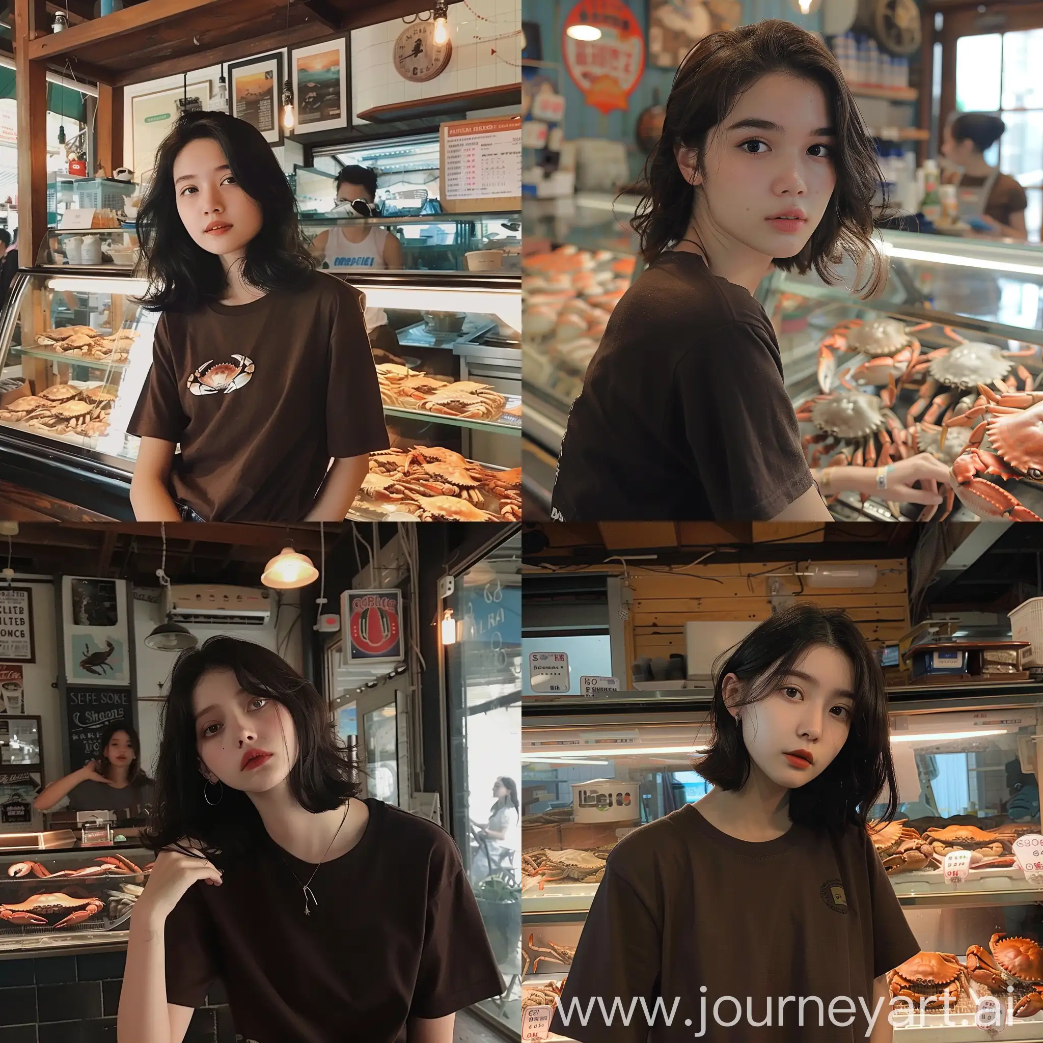 girl, dark brown T-shirt, European appearance, crab shop, the interior is beautiful