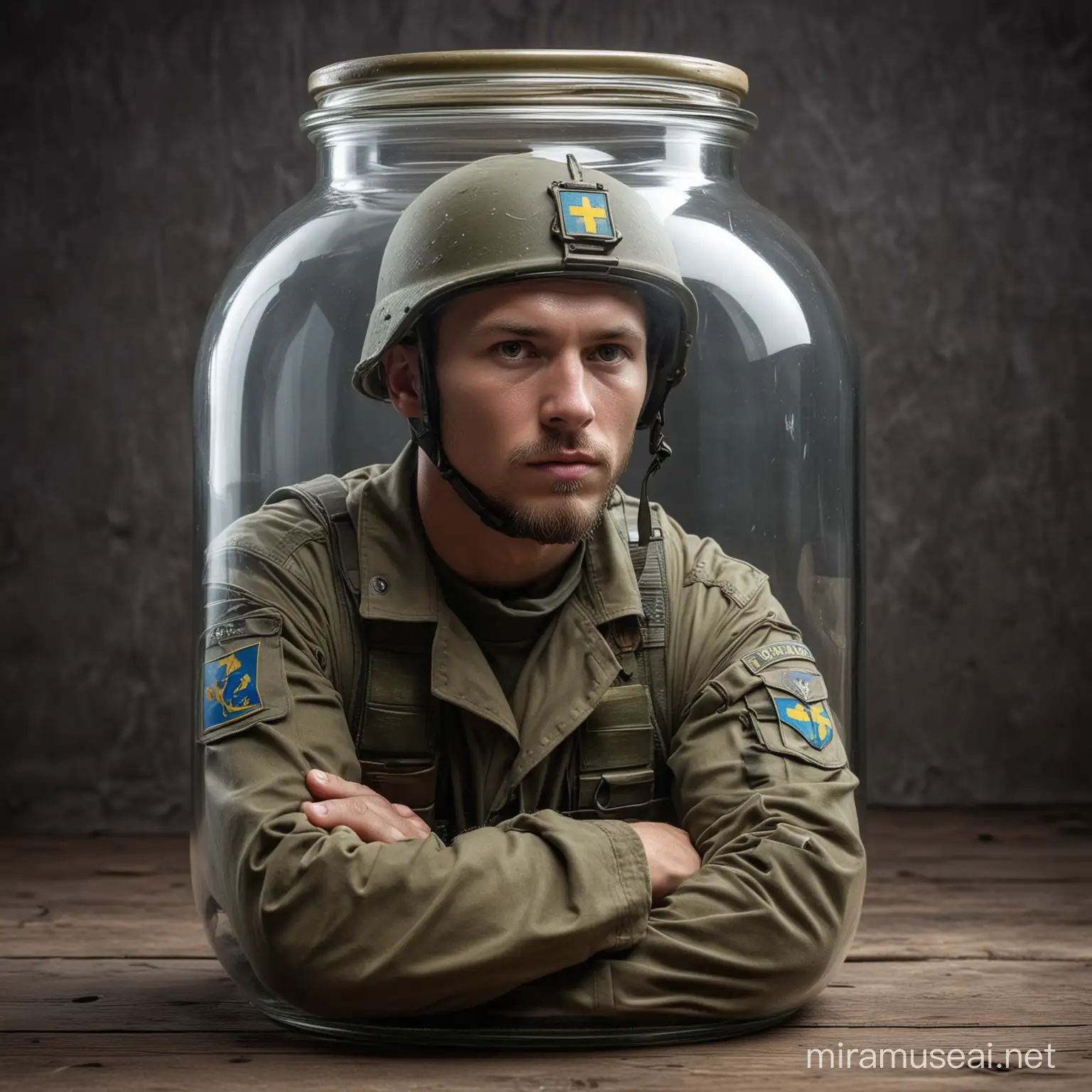 Український сучасний військовий у повній амуніції знаходиться в скляній банці
