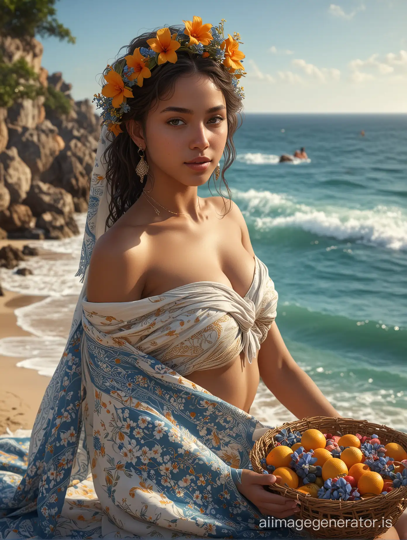 18 year old, most beautiful sambian girl on senegalese beach, weaving a wreath of flowers, blue sea in the background, desnuda, firm perky breasts, abundant flowers, holding bowl with exotic fruits, shy smile, sensual longing look, partly covering herself with silk scarf, realistic, stunning realistic photograph, full lips, 3d render, octane render, intricately detailed, cinematic, trending on artstation | Isometric | Centered hyper realistic cover photo awesome full color, hand drawn, dark, gritty, realistic style similar to mucha, klimt, erte .12k, intricate. high definition , cinematic, Rough sketch, mix of bold dark lines and loose lines, bold lines, on paper
