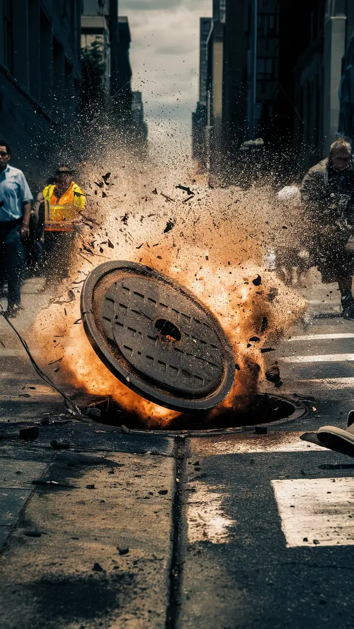 Urban Street Explosion Manhole Blast Causing Chaos