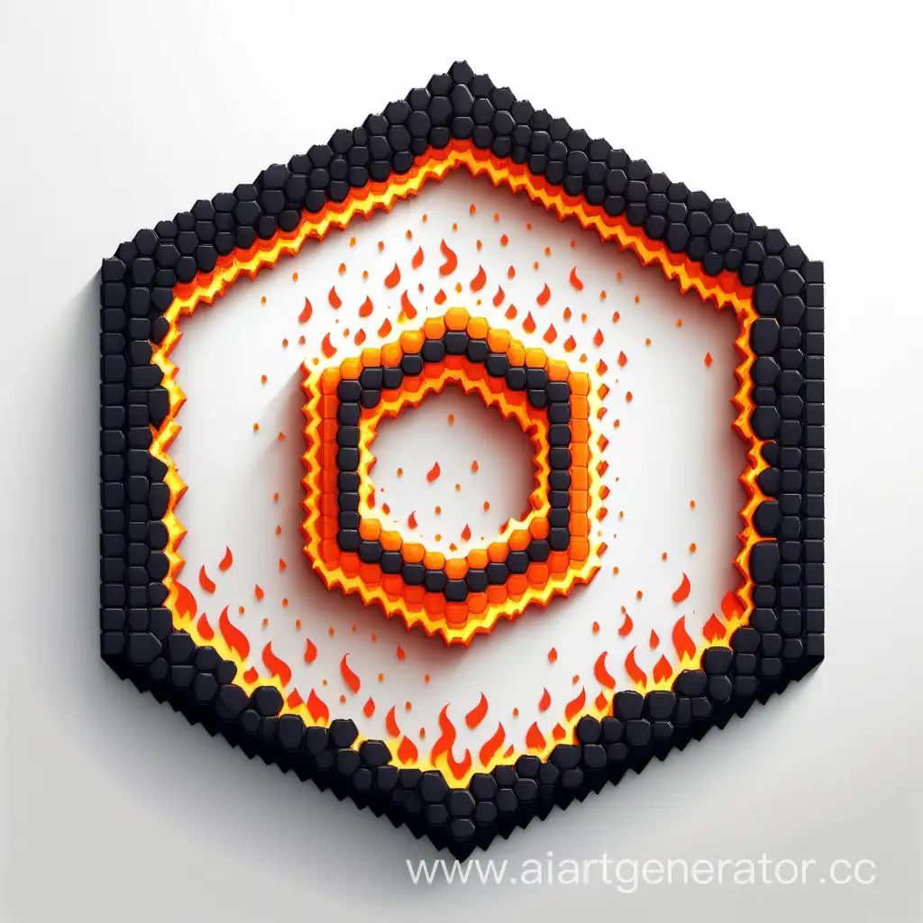 simple icon of a 3D pixel art pentagon lava cercle vintage frame, made of fire. white background.