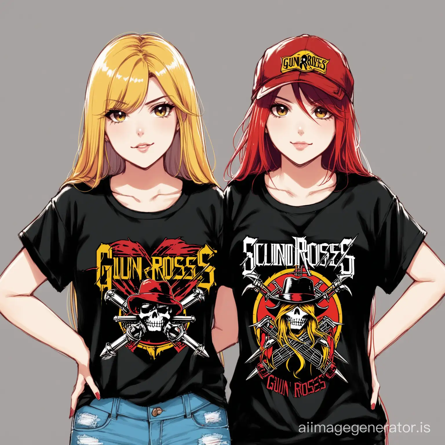 Two girls : one is wearing gunsnroses tshirt and the second one is wearing scorpions thirt