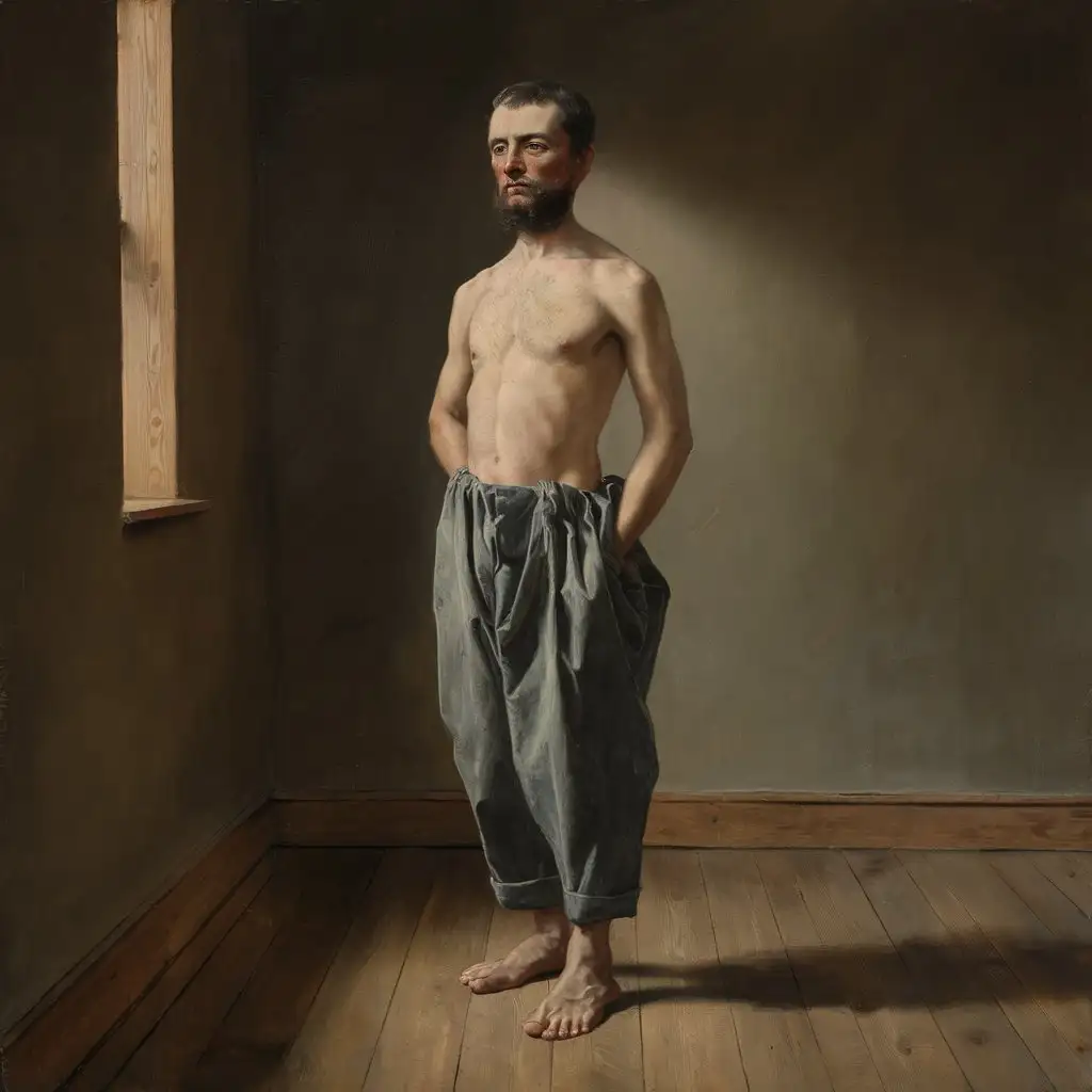 Highly detailed 19th century oil painting, a full-length portrait of a man. He has short dark hair and beard. He wears only baggy grey trousers. He has bare shoulders and feet. His face is calm. He stands on a wooden floor in a room lit by a a window at one side. The light is soft, muted colours, fine brushstrokes.  